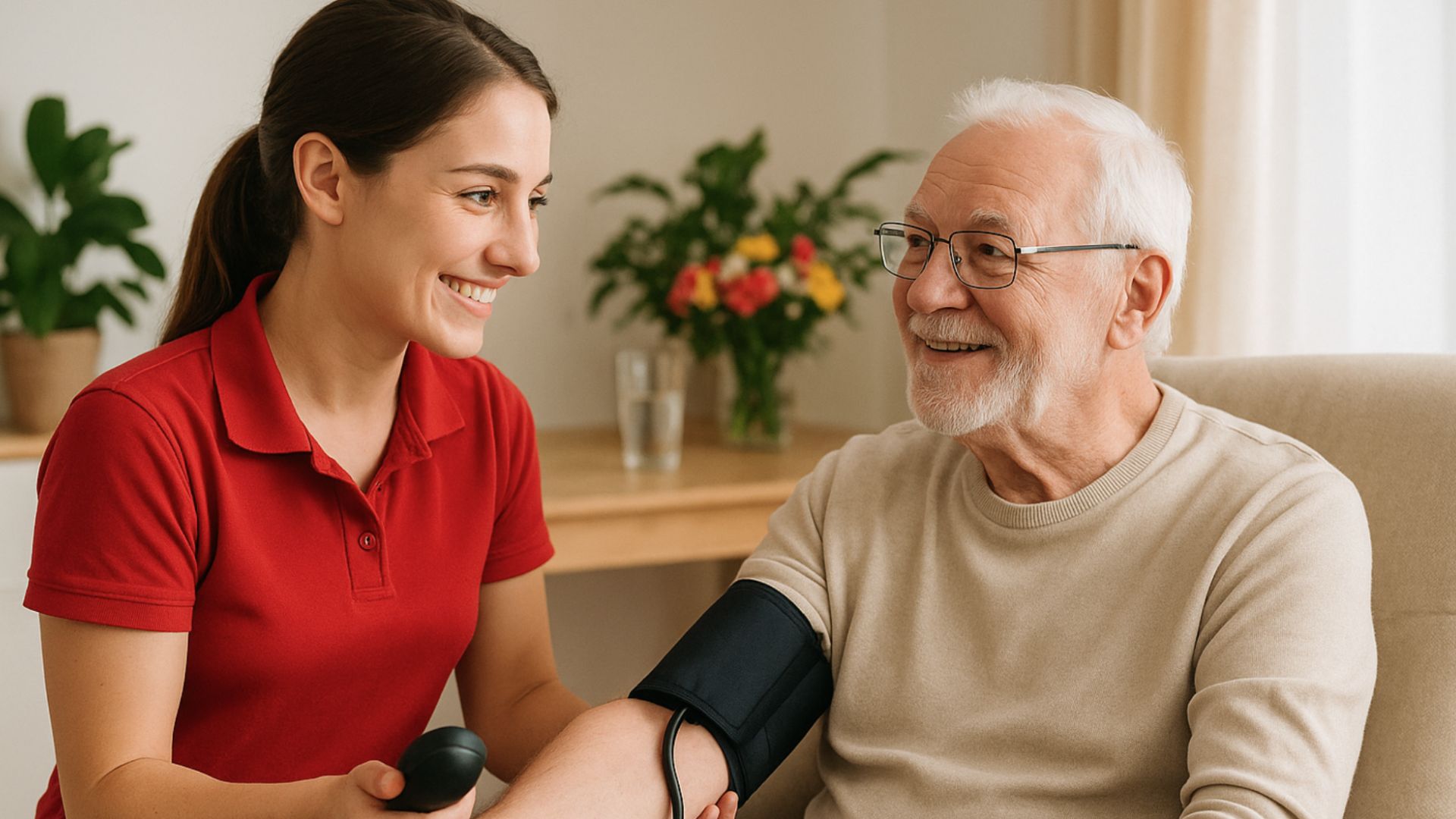 Eine Pflegerin der Florence Hilfe bei der Behandlungspflege. Sie misst den Blutdruck eines Patienten.