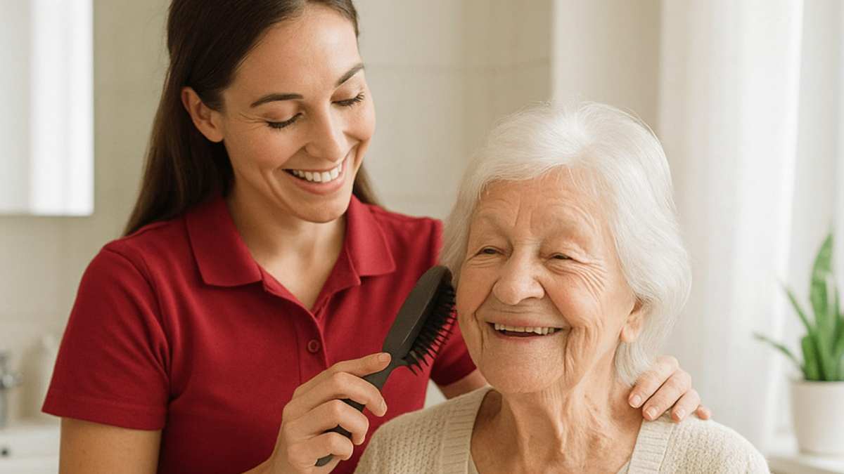 Eine Pflegekraft der Florence Hilfe bei der Grundplege einer Patientin